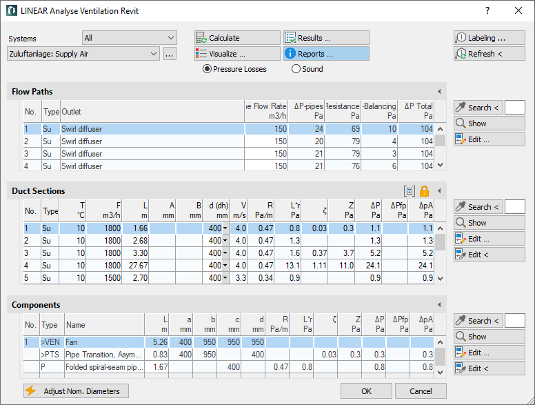 Calculation Dialog Analyse LINEAR Revit