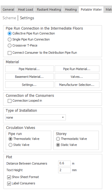 Settings area at project level in the "Potable Water Schema" module