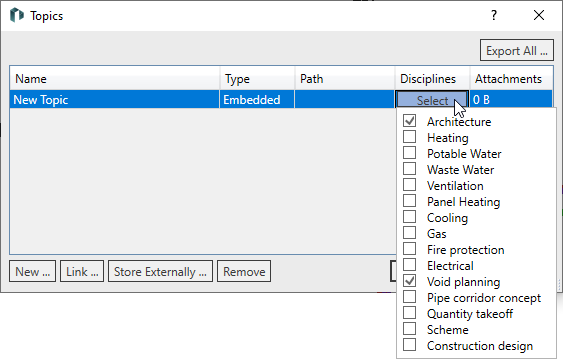 New topic in the dialogue Topics in the LINEAR Solutions for Autodesk Revit