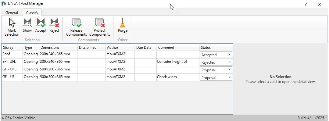 Classify tab Linear Void Manager