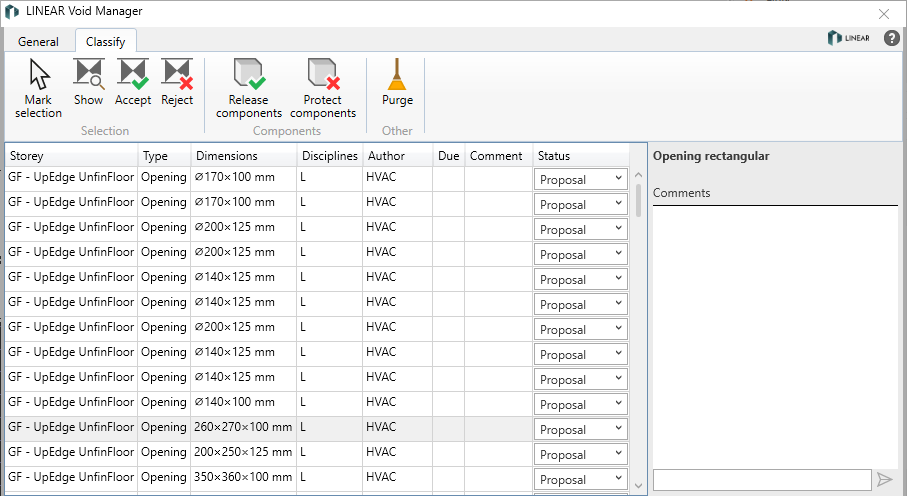 Tab general Linear Void Manager