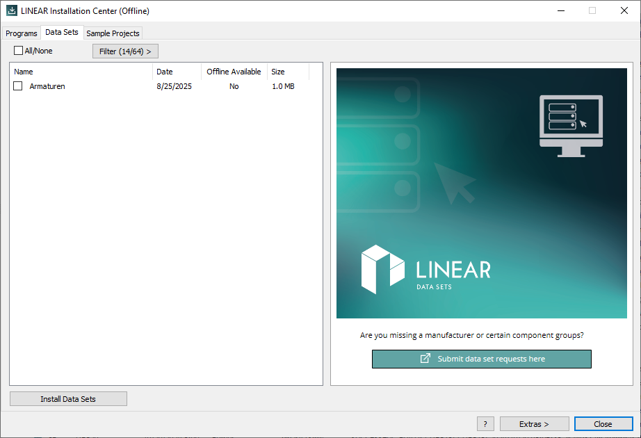 Data sets tab in LINEAR Installation Center