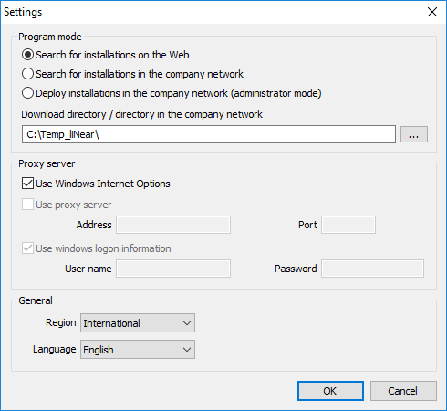 Dialog Settings in LINEAR Installation Center