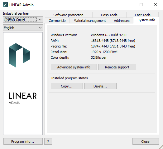 Tab System Info LINEAR Admin