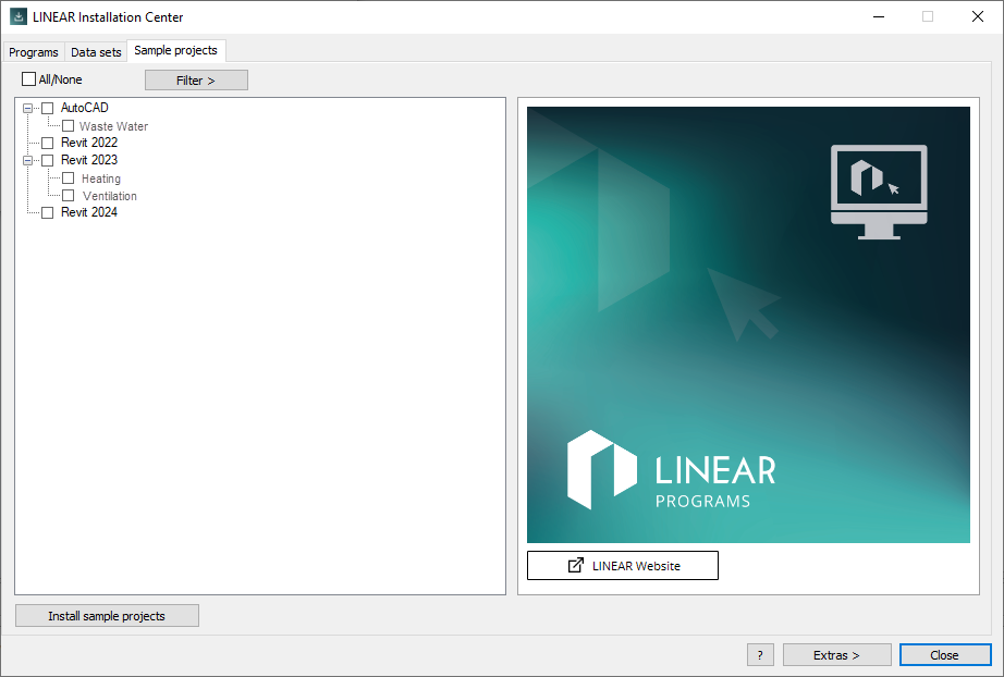 Sample projects tab in LINEAR Installation Center