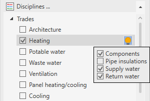 Menu for showing and hiding element categories of the disciplines