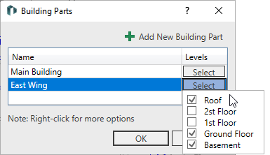 List for Selecting Levels of the Building Part in the Building Parts Dialog