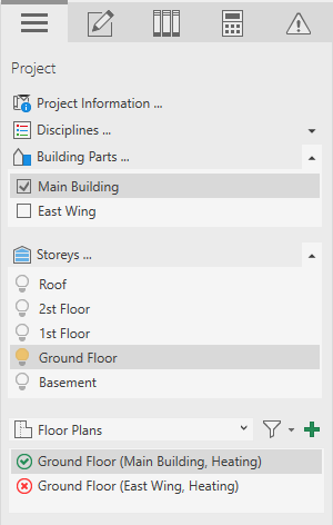 Project tab with selected building part “Main building”