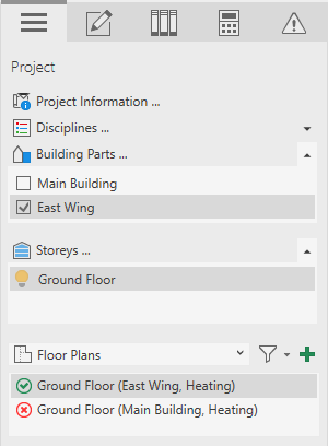 Project tab with selected building part “East Wing”