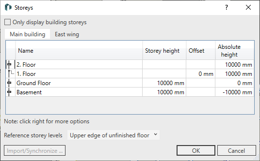 Storeys dialog with created storeys of the first building part