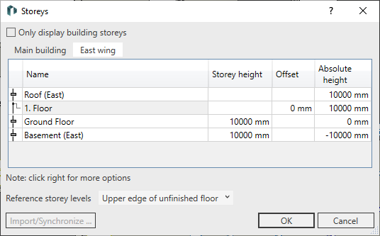 Storeys dialog with created storeys of the second building part