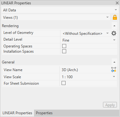 Einstellungen einer Ansicht in den LINEAR Eigenschaften der LINEAR Solutions für Autodesk Revit